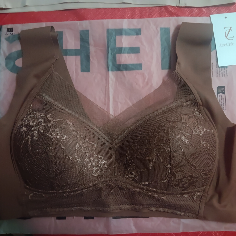 Brown Full-Coverage Lace Bra with Wide Straps